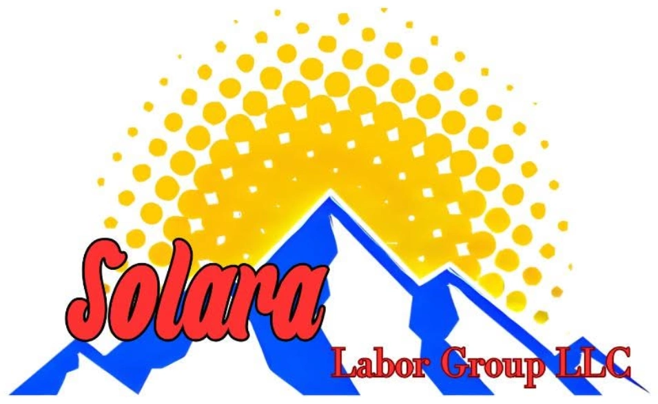 Solara Labor Group LLC: blue and white mountains, red lettering, and yellow sun
